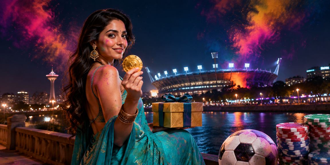 Ahmedabad riverfront with football betting theme and traditional saree